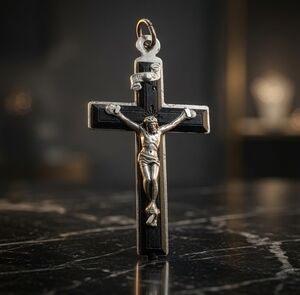 Vintage Italian Silver Tone Black Inlay Crucifix Pendant Catholic Cross 1.75" VG